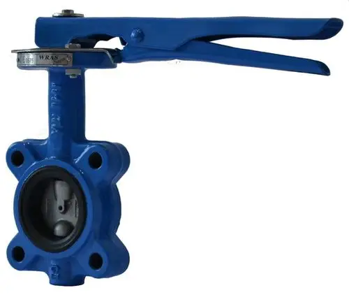 Absperrklappe mit einem blauen Gehäuse und Hebelmechanismus, hergestellt von IMI Hydronic Engineering. Geeignet für Rohrleitungssysteme.